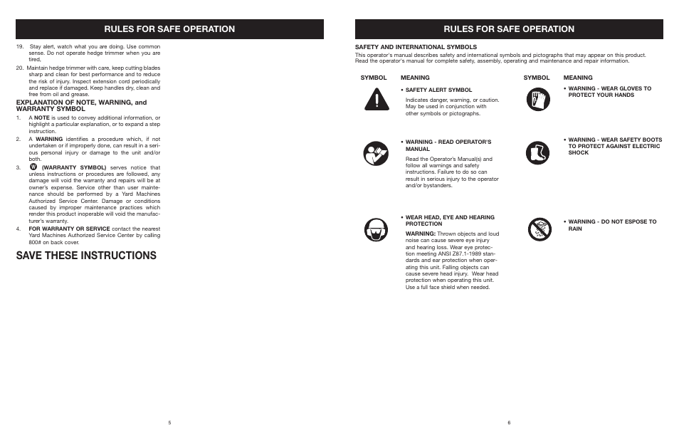 Save these instructions, Rules for safe operation | MTD 22K User Manual | Page 6 / 44