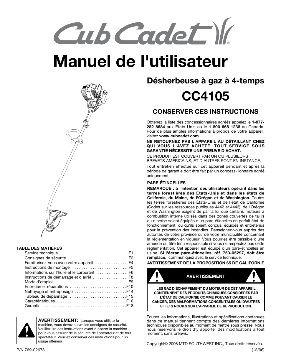 Manuel de l'utilisateur, Cc4105, Désherbeuse à gaz à 4-temps | Conserver ces instructions | MTD CC4105 User Manual | Page 19 / 56