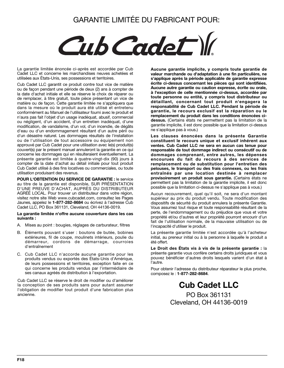 Cub cadet llc, Garantie limitée du fabricant pour | MTD CC4105 User Manual | Page 36 / 56