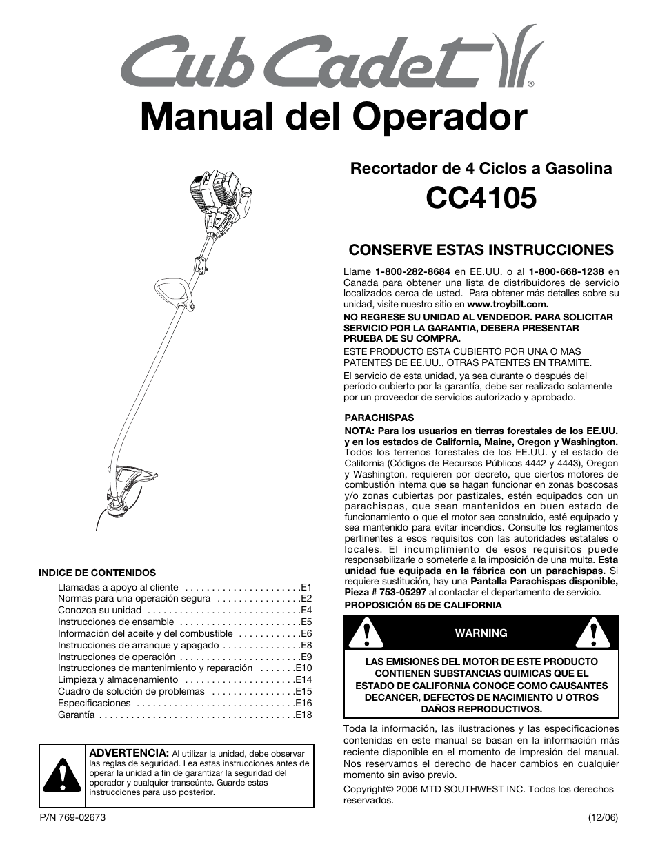 Manual del operador, Cc4105, Recortador de 4 ciclos a gasolina | MTD CC4105 User Manual | Page 37 / 56