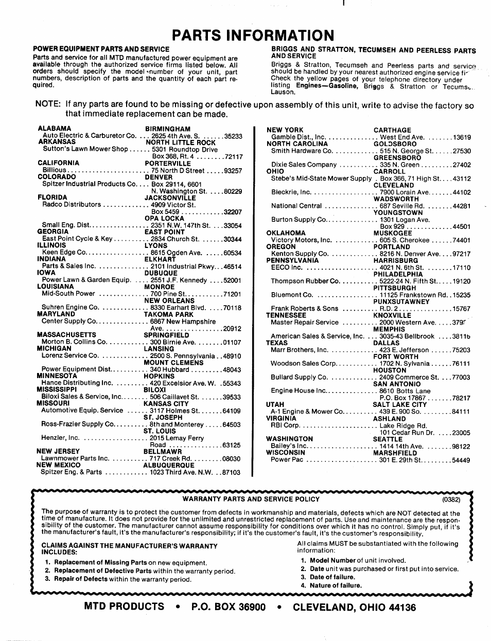 Parts information | MTD 243-685A User Manual | Page 16 / 16