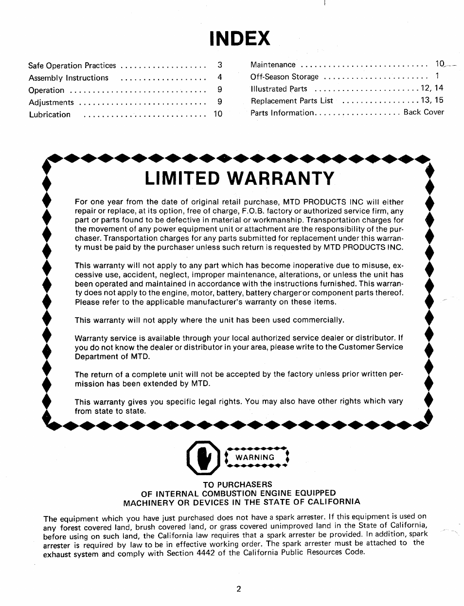 Index, Limited warranty | MTD 243-685A User Manual | Page 2 / 16