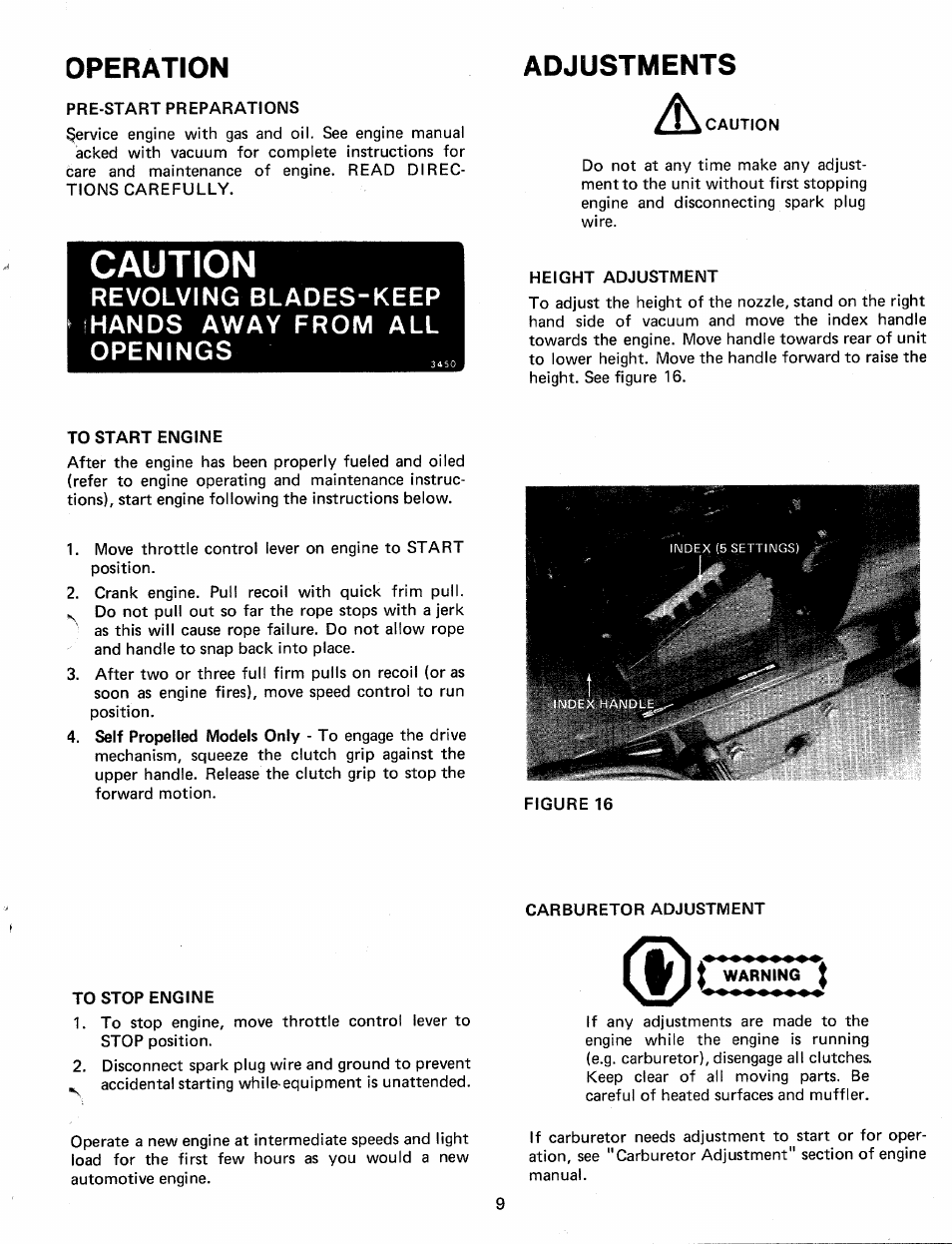 Operation, Caution, Adjustments | Revolving blades-keep hands away from all openings | MTD 243-685A User Manual | Page 9 / 16