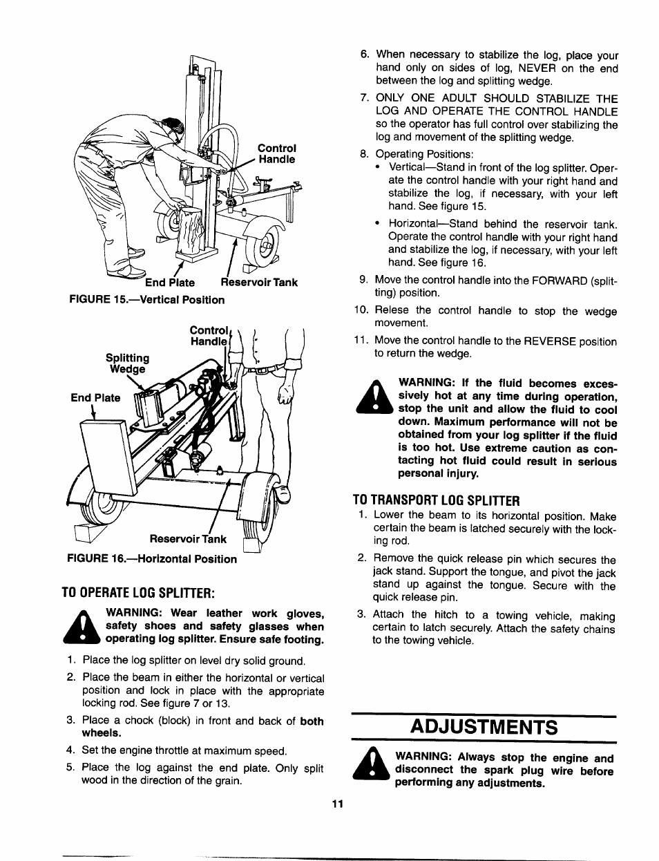 To transport log splitter, Adjustments | MTD 556 User Manual | Page 11 / 20