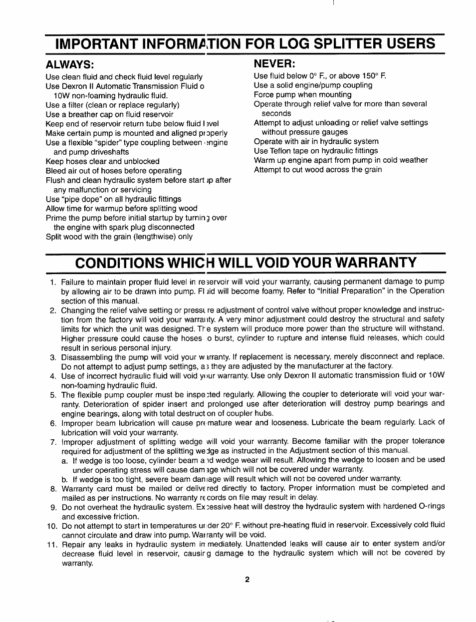 Important information for log splitter users, Conditions which will void your warranty, Always | Never | MTD 556 User Manual | Page 2 / 20