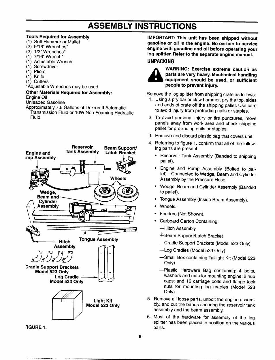 Assembly instructions, Tools required for assembly, Hitch tongue assembly assembly | Cradle support brackets model 523 only, Unpacking | MTD 556 User Manual | Page 5 / 20