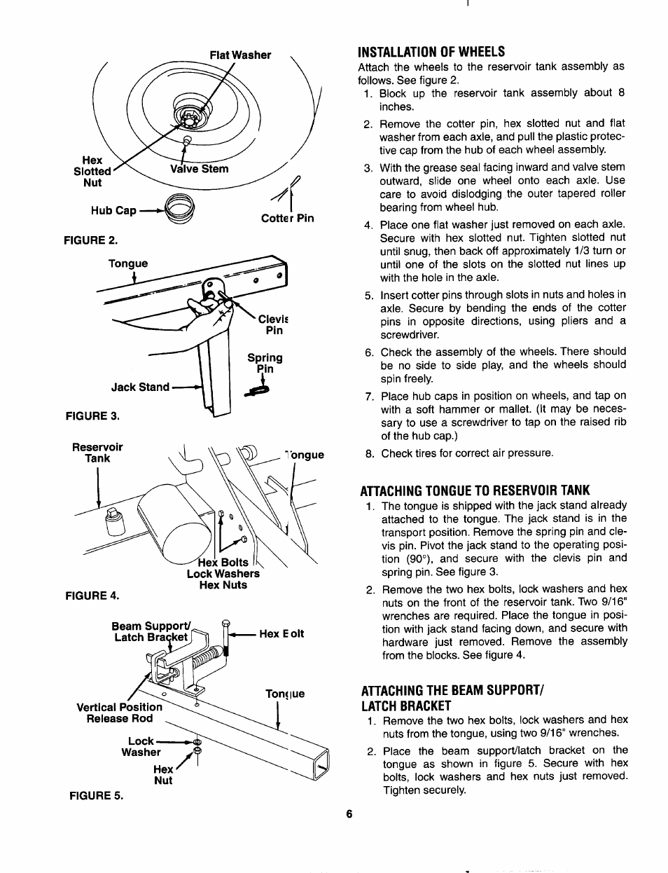 Installation of wheels, Attaching tongue to reservoir tank, Attaching the beam support | Latch bracket | MTD 556 User Manual | Page 6 / 20