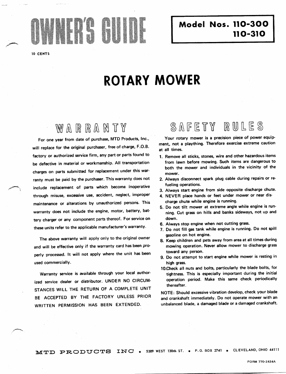 MTD 110-310 User Manual | 4 pages