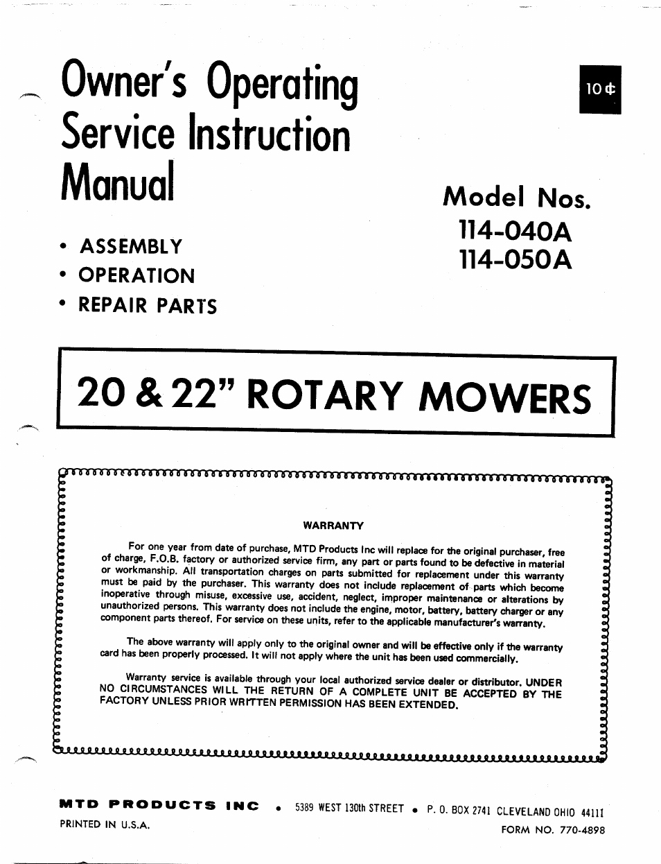 MTD 114-050A User Manual | 8 pages