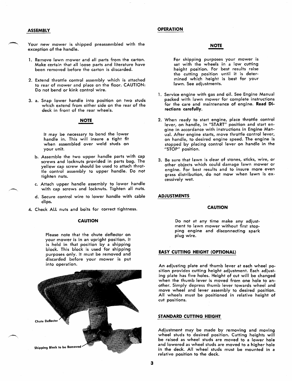 Note, Adjustments, Caution | Easy cutting height (optional), Standard cutting height | MTD 114-050A User Manual | Page 3 / 8