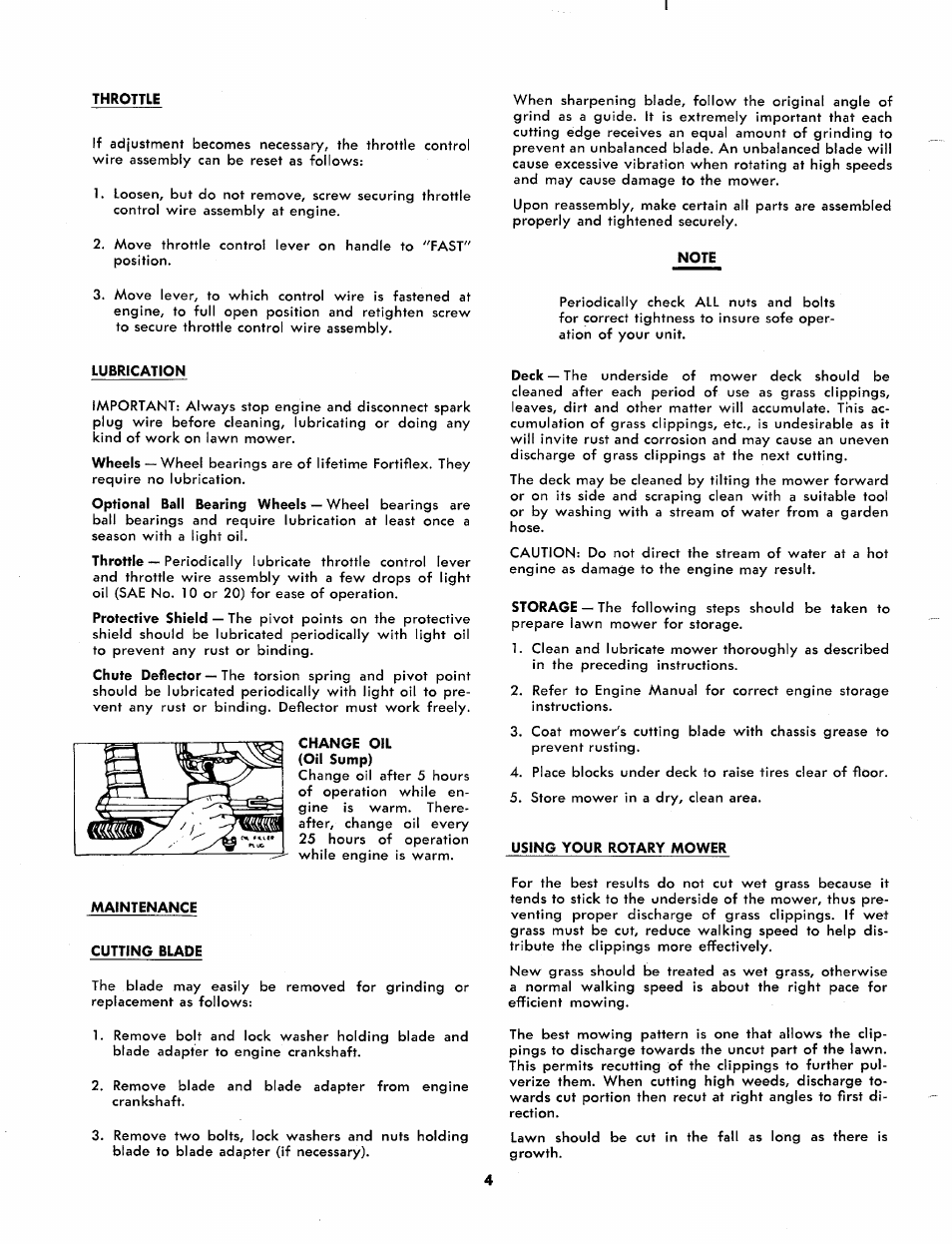 Throttle, Note, Lubrication | Change oil (oil sump), Maintenance, Cutting blade, Using your rotary mower | MTD 114-050A User Manual | Page 4 / 8