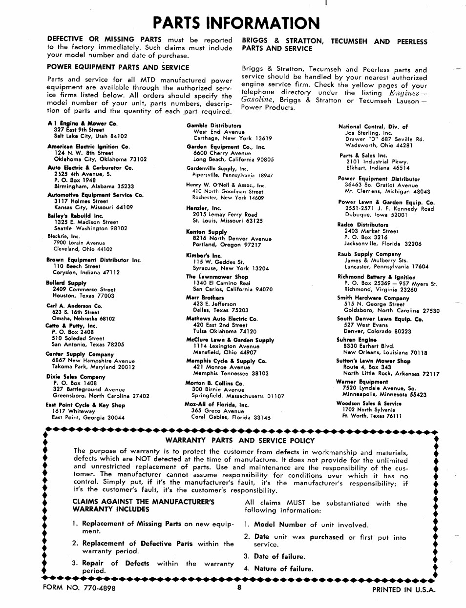 Power equipment parts and service, Warranty parts and service policy, Date of failure | Nature of failure, Parts information, Engines — gasoline | MTD 114-050A User Manual | Page 8 / 8