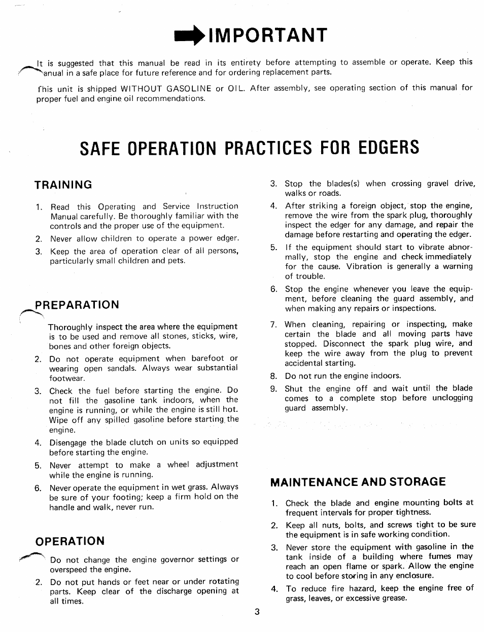 Important, Safe operation practices for edgers, Training | Preparation, Operation, Maintenance and storage | MTD 242-595A User Manual | Page 3 / 12