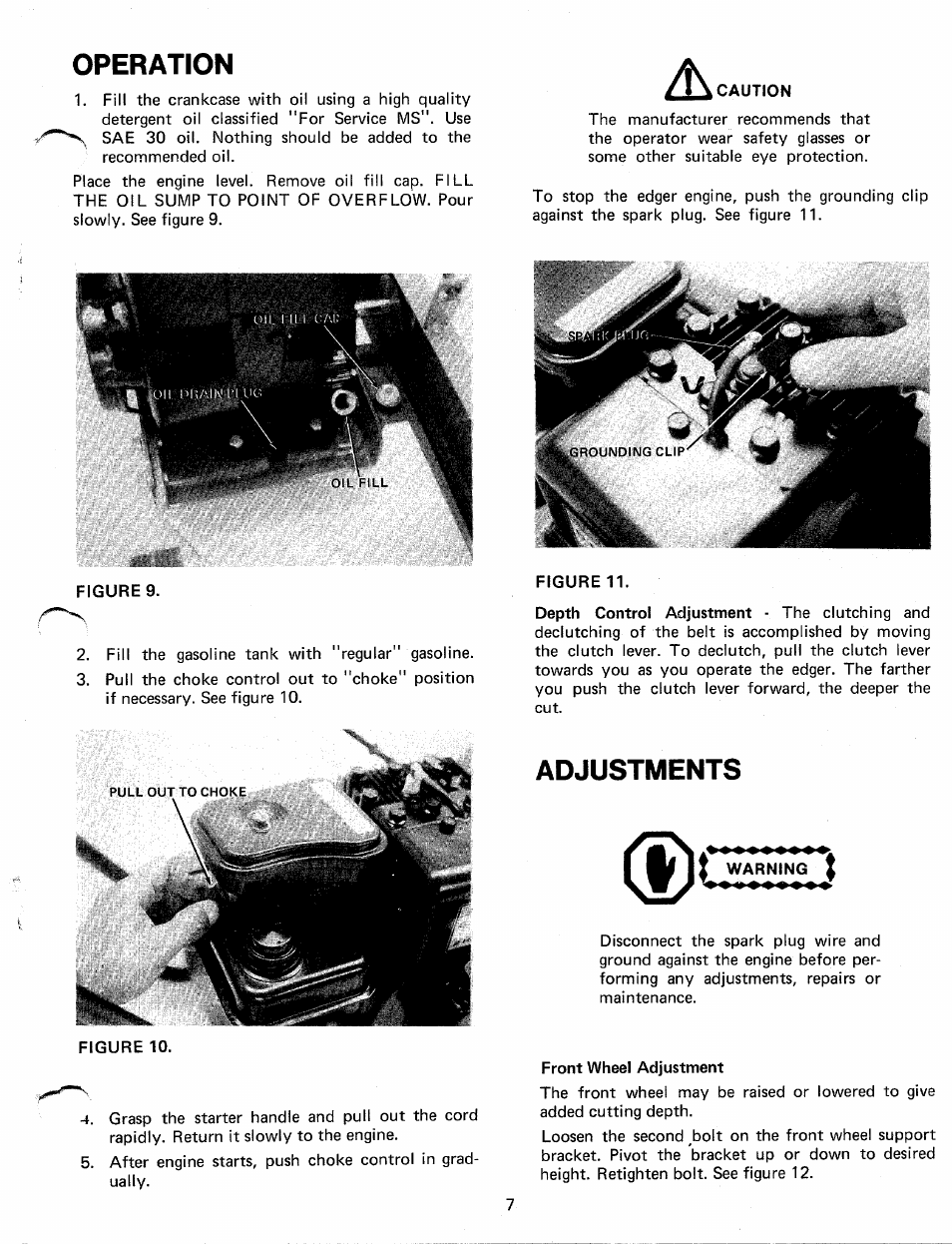 Operation, Caution, Adjustments | Warning | MTD 242-595A User Manual | Page 7 / 12