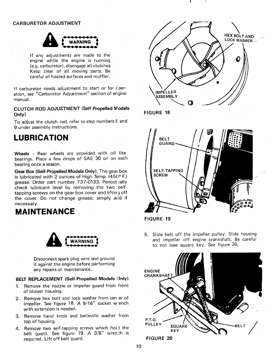 Carburetor adjustment, I warning, Lubrication | Maintenance, Belt replacement (self-propelled models only) | MTD 240-685-000 User Manual | Page 10 / 18