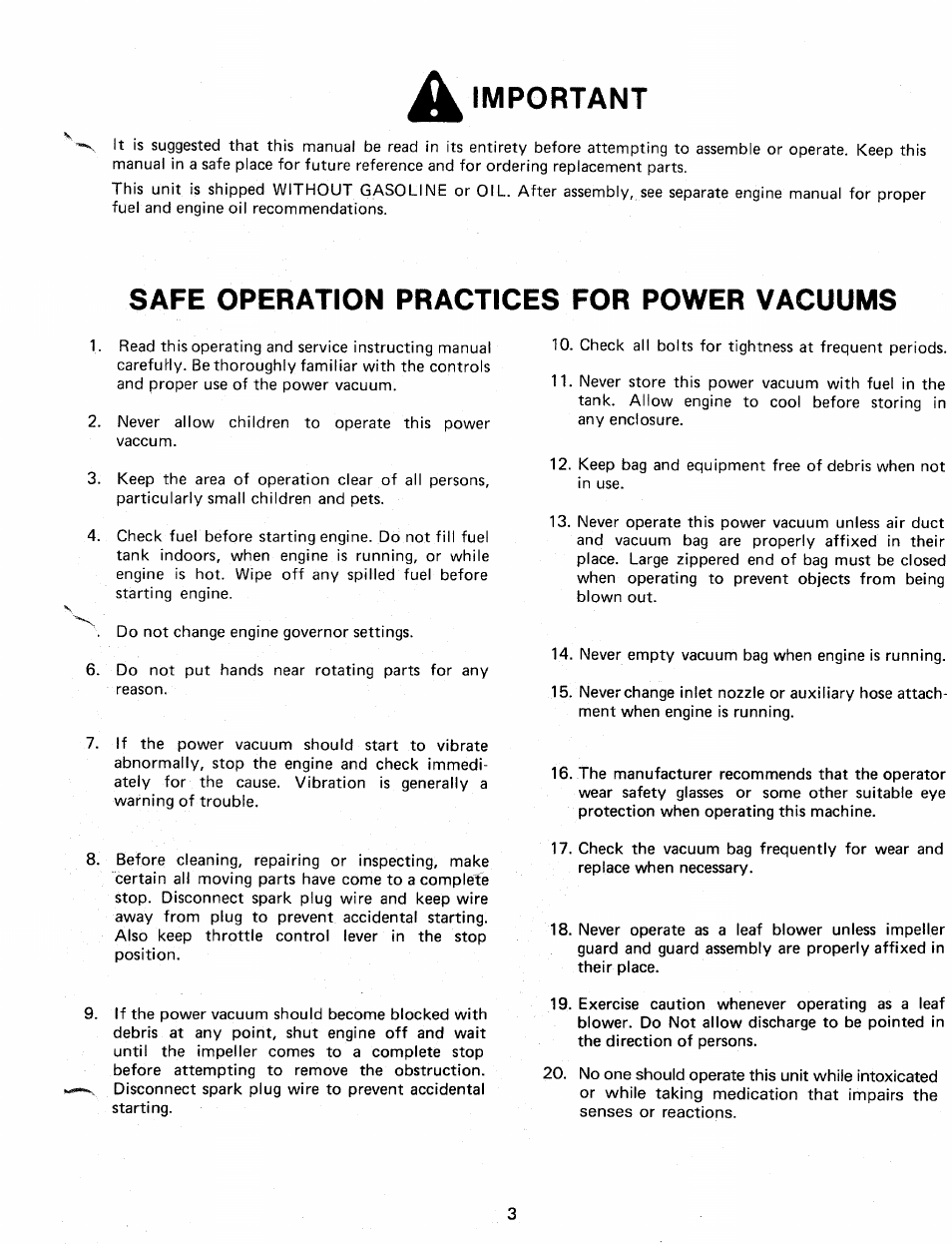 Important, Safe operation practices for power vacuums | MTD 240-685-000 User Manual | Page 3 / 18