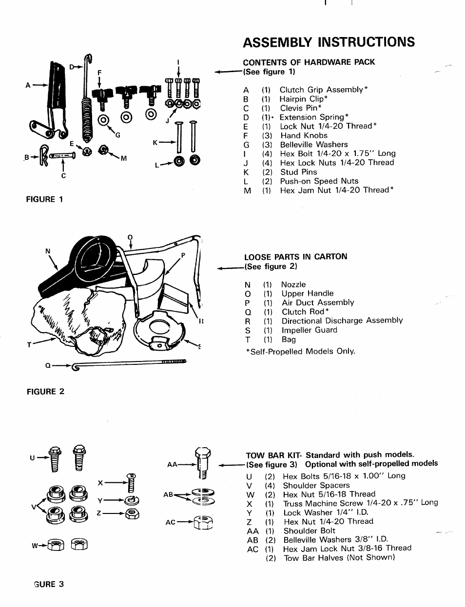 Assembly instructions, Contents of hardware pack ■(see figure 1), Loose parts in carton -(see figure 2) | Tow bar kit- standard with push models, 1t t j mm | MTD 240-685-000 User Manual | Page 4 / 18