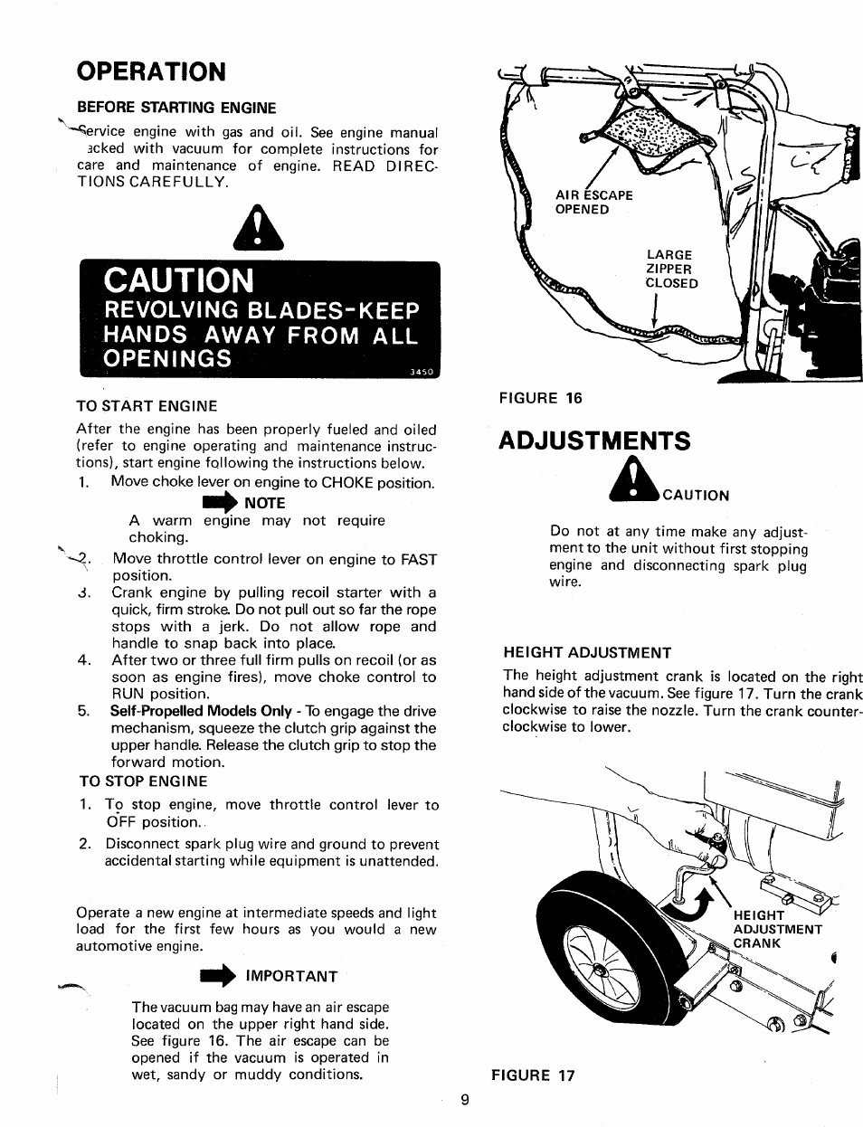 Operation, Before starting engine, Caution | Note, Adjustments, Revolving blades-keep hands away from all openings | MTD 240-685-000 User Manual | Page 9 / 18