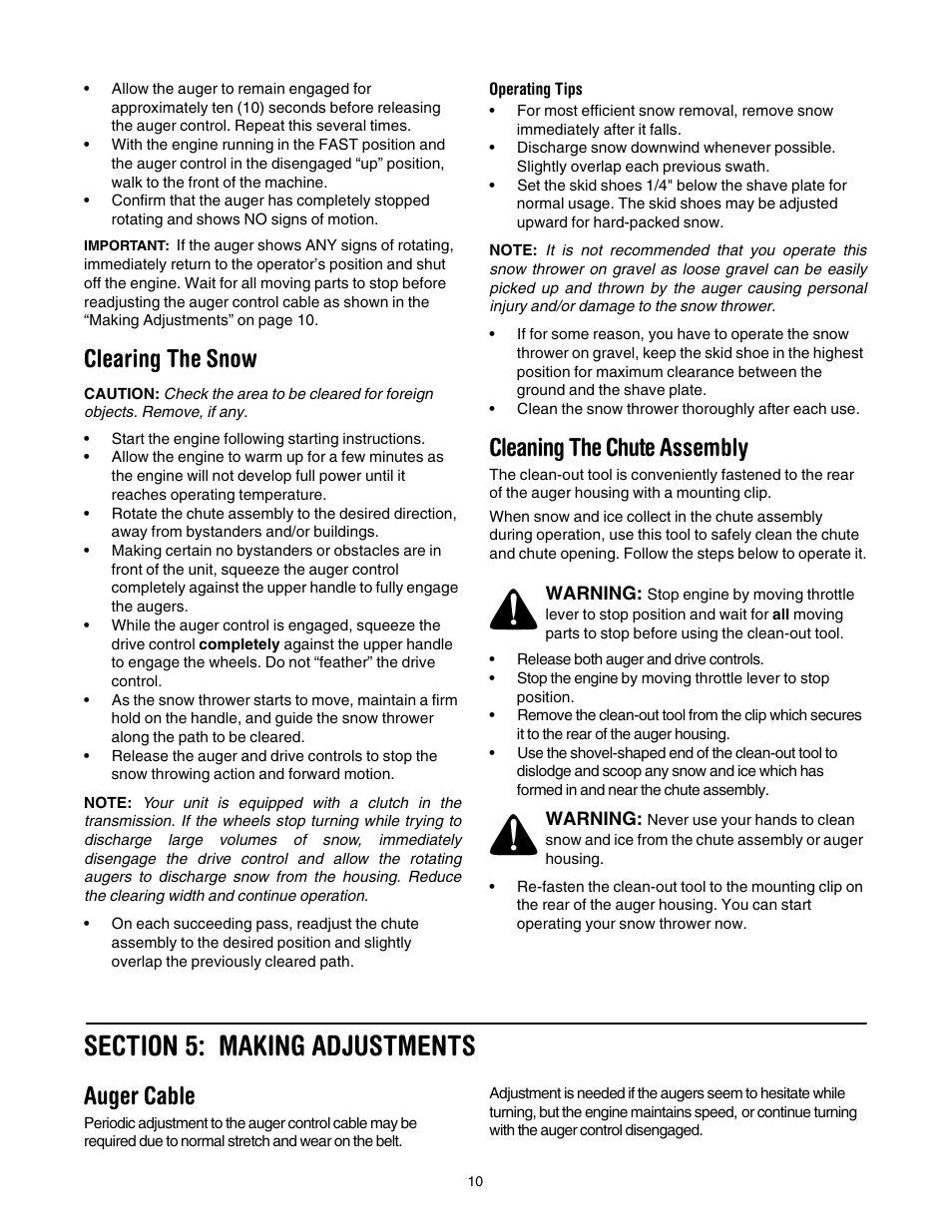 Clearing the snow, Cleaning the chute assembly, Section 5: making adjustments | Auger cable | MTD 3BA User Manual | Page 10 / 20