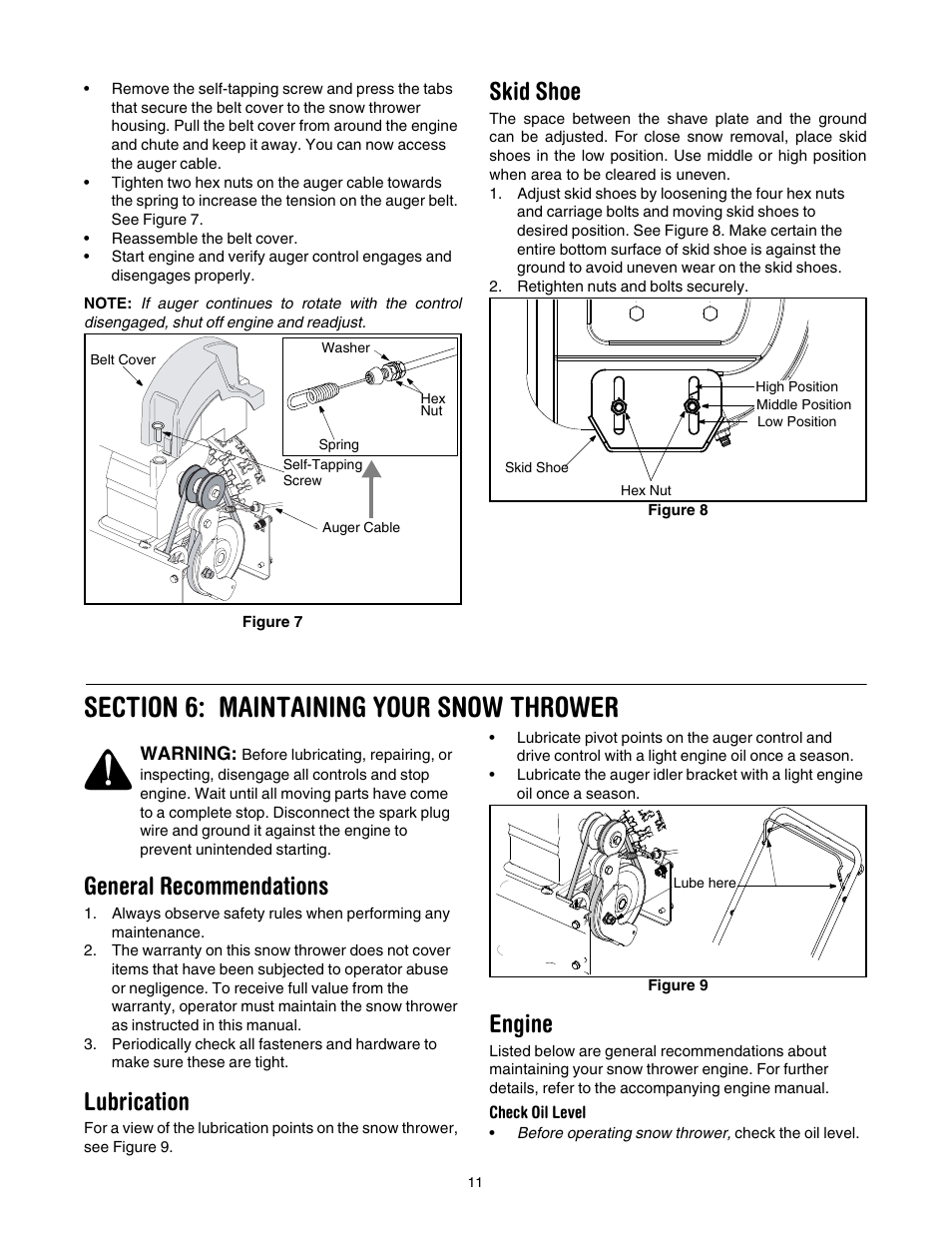 Skid shoe, Section 6: maintaining your snow thrower, General recommendations | Lubrication, Engine | MTD 3BA User Manual | Page 11 / 20