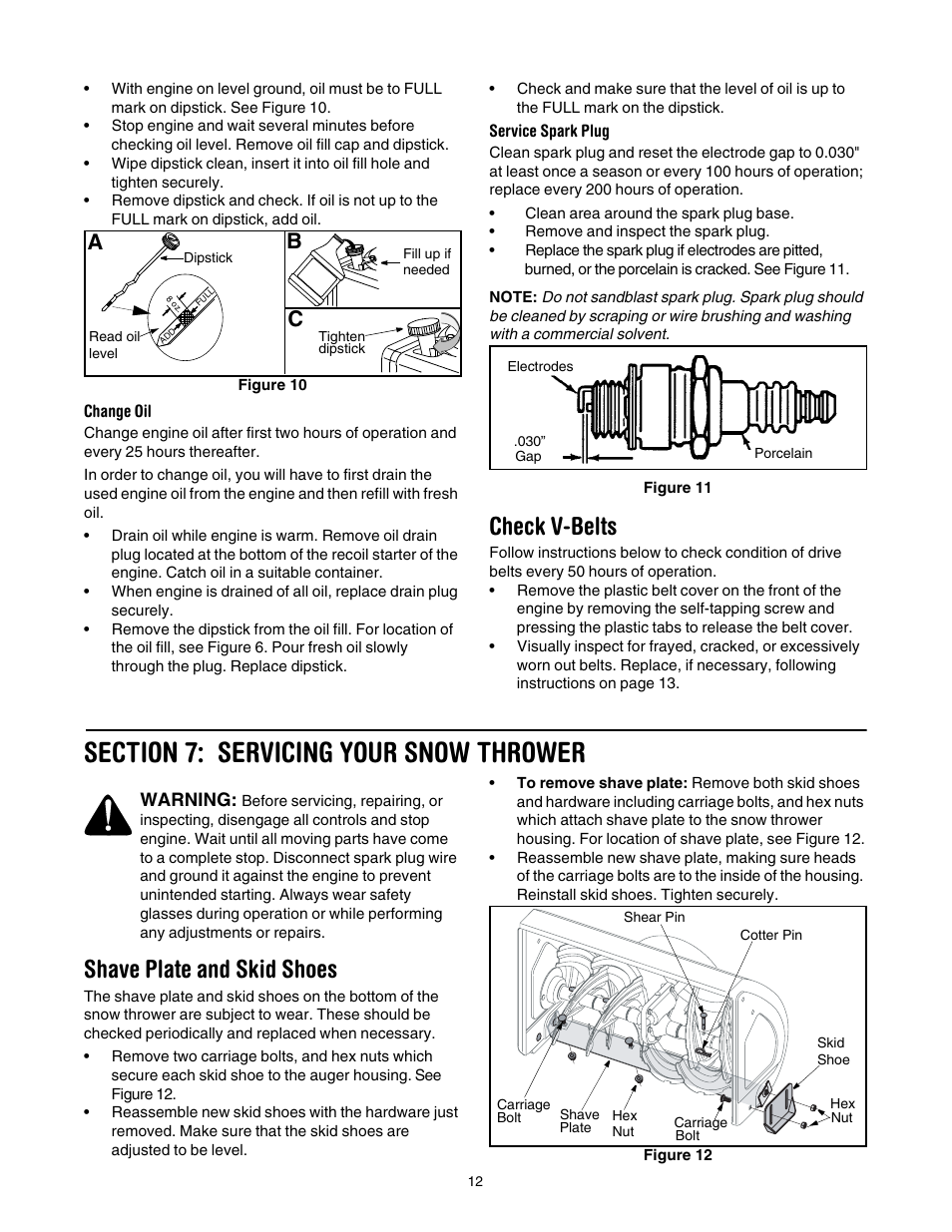 Check v-belts, Section 7: servicing your snow thrower, Shave plate and skid shoes | Ab c | MTD 3BA User Manual | Page 12 / 20