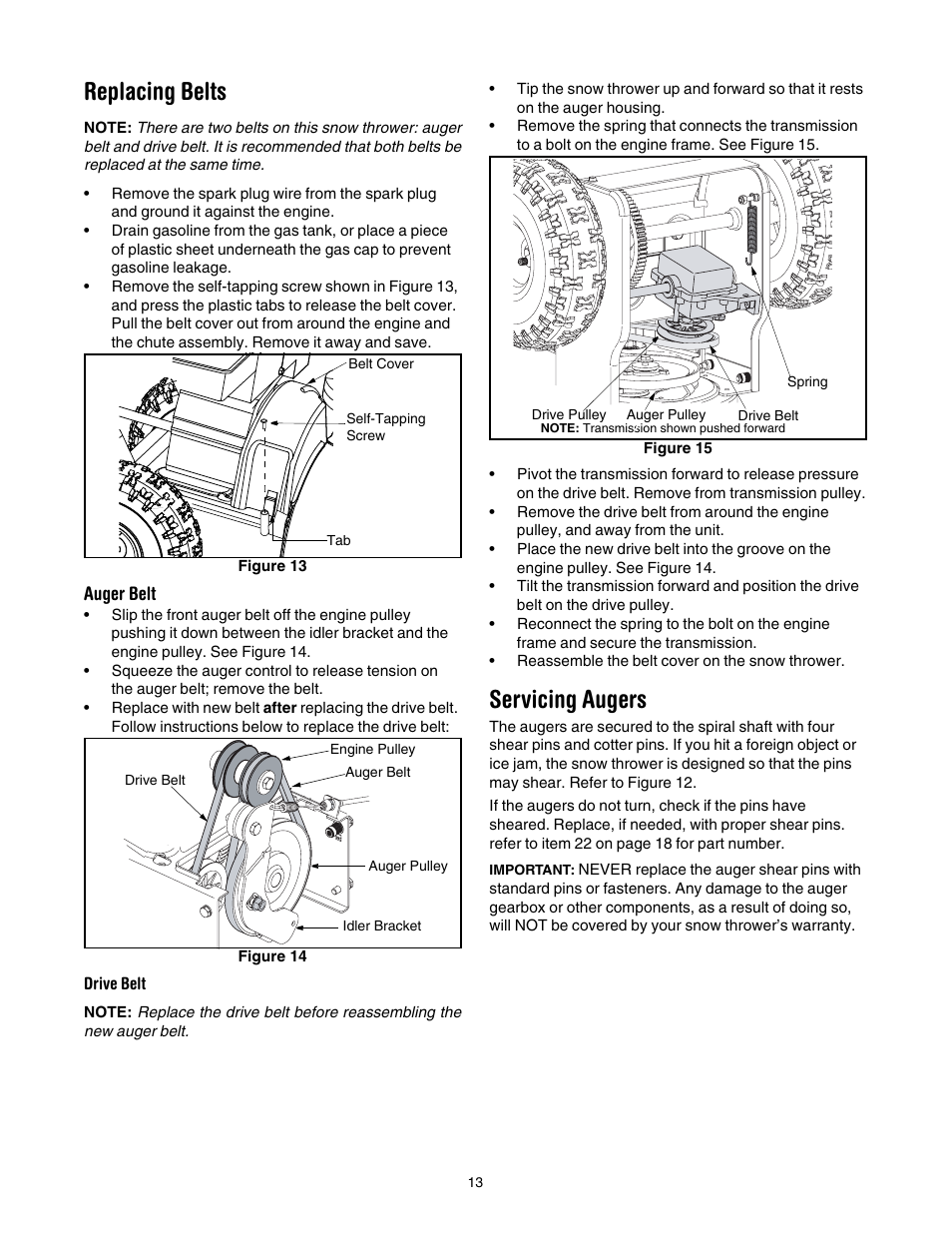 Replacing belts, Servicing augers, Ge 13 | MTD 3BA User Manual | Page 13 / 20