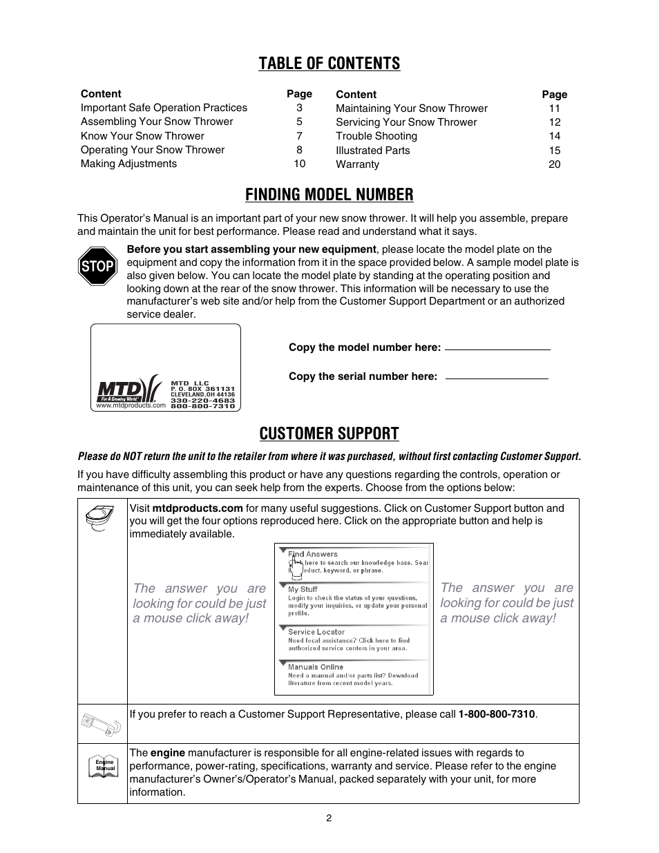 Table of contents finding model number, Customer support | MTD 3BA User Manual | Page 2 / 20