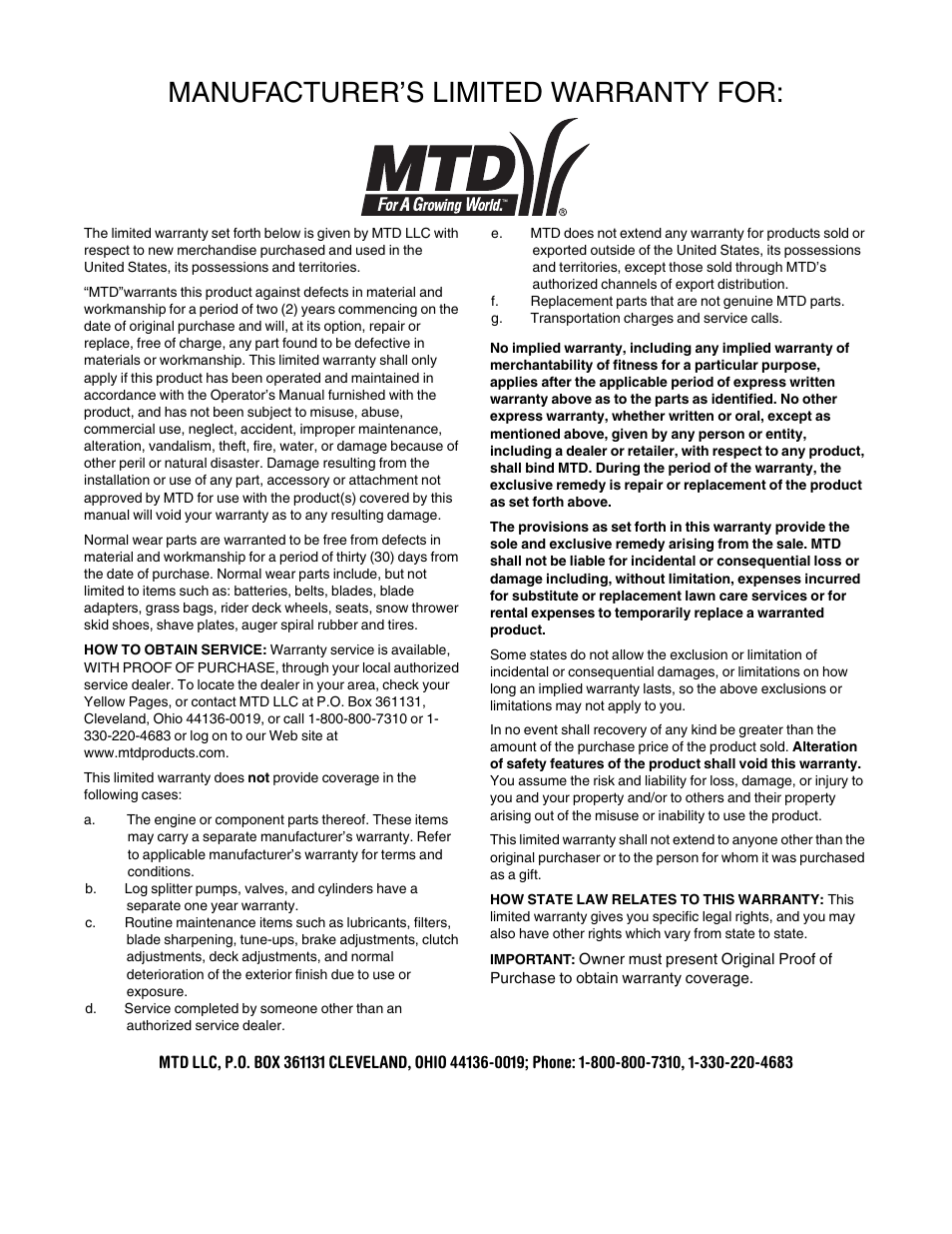 Manufacturer’s limited warranty for | MTD 3BA User Manual | Page 20 / 20