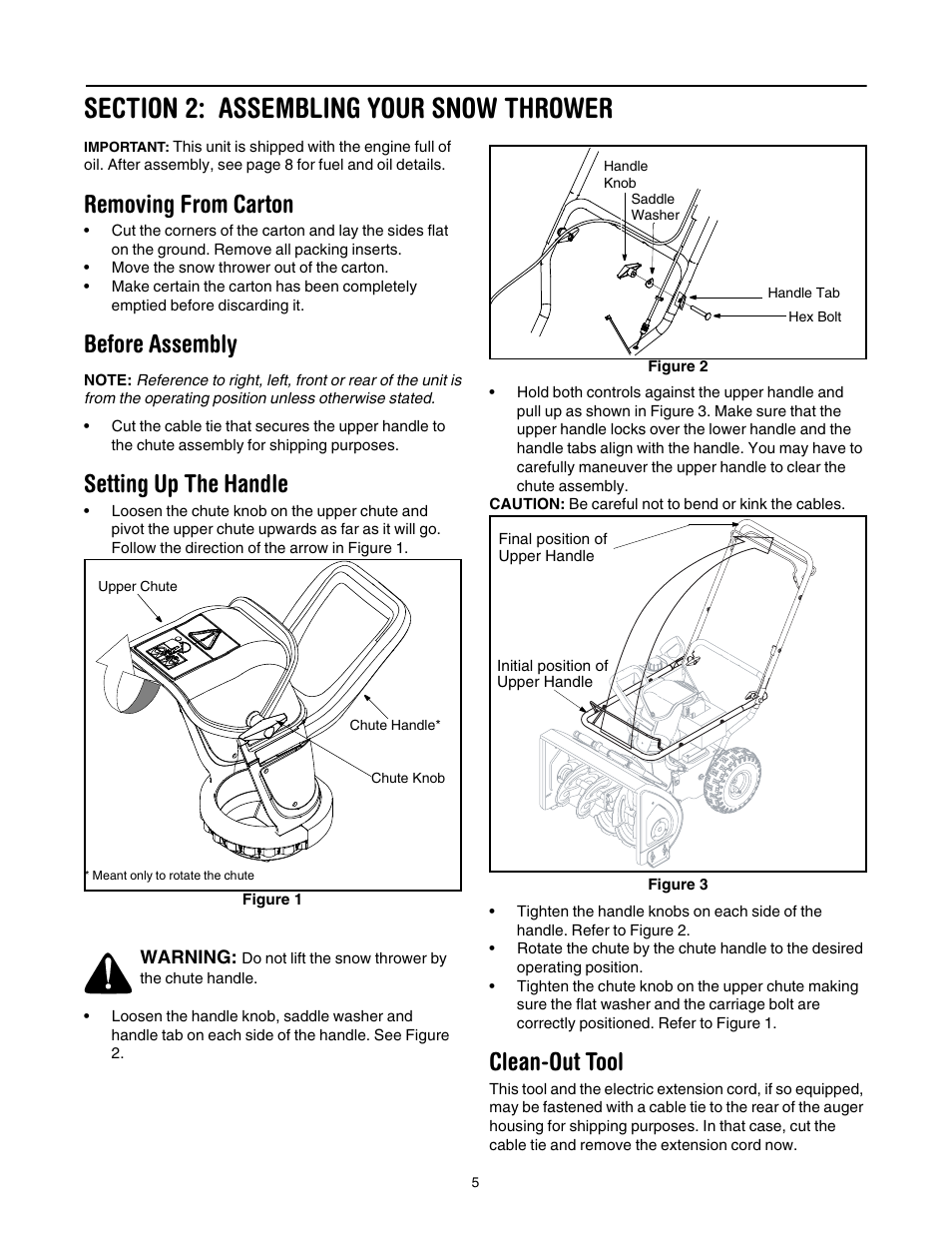 Section 2: assembling your snow thrower, Removing from carton, Before assembly | Setting up the handle, Clean-out tool | MTD 3BA User Manual | Page 5 / 20