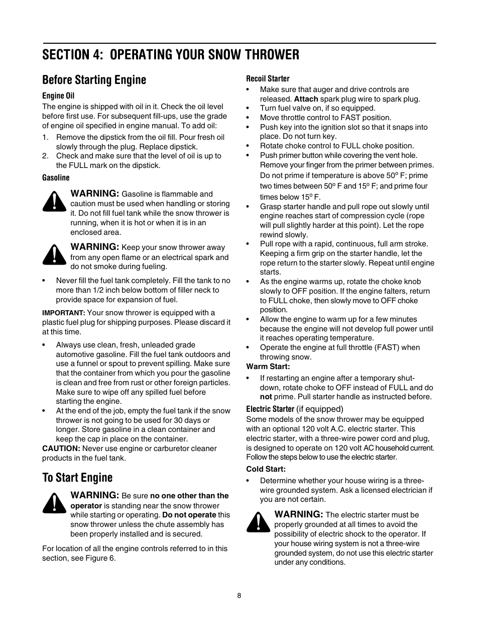 Section 4: operating your snow thrower, Before starting engine, To start engine | E 8 f | MTD 3BA User Manual | Page 8 / 20