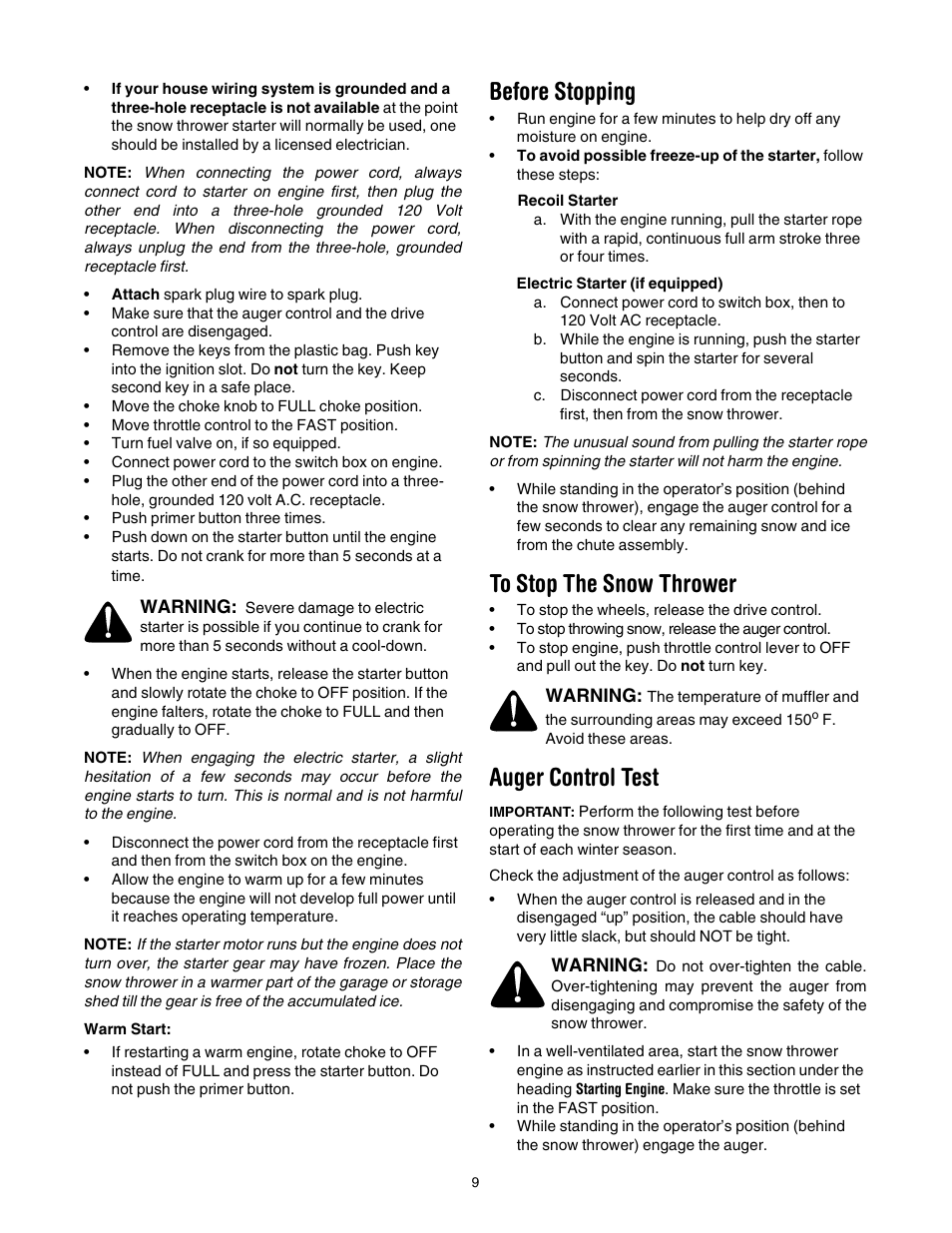 Before stopping, To stop the snow thrower, Auger control test | MTD 3BA User Manual | Page 9 / 20