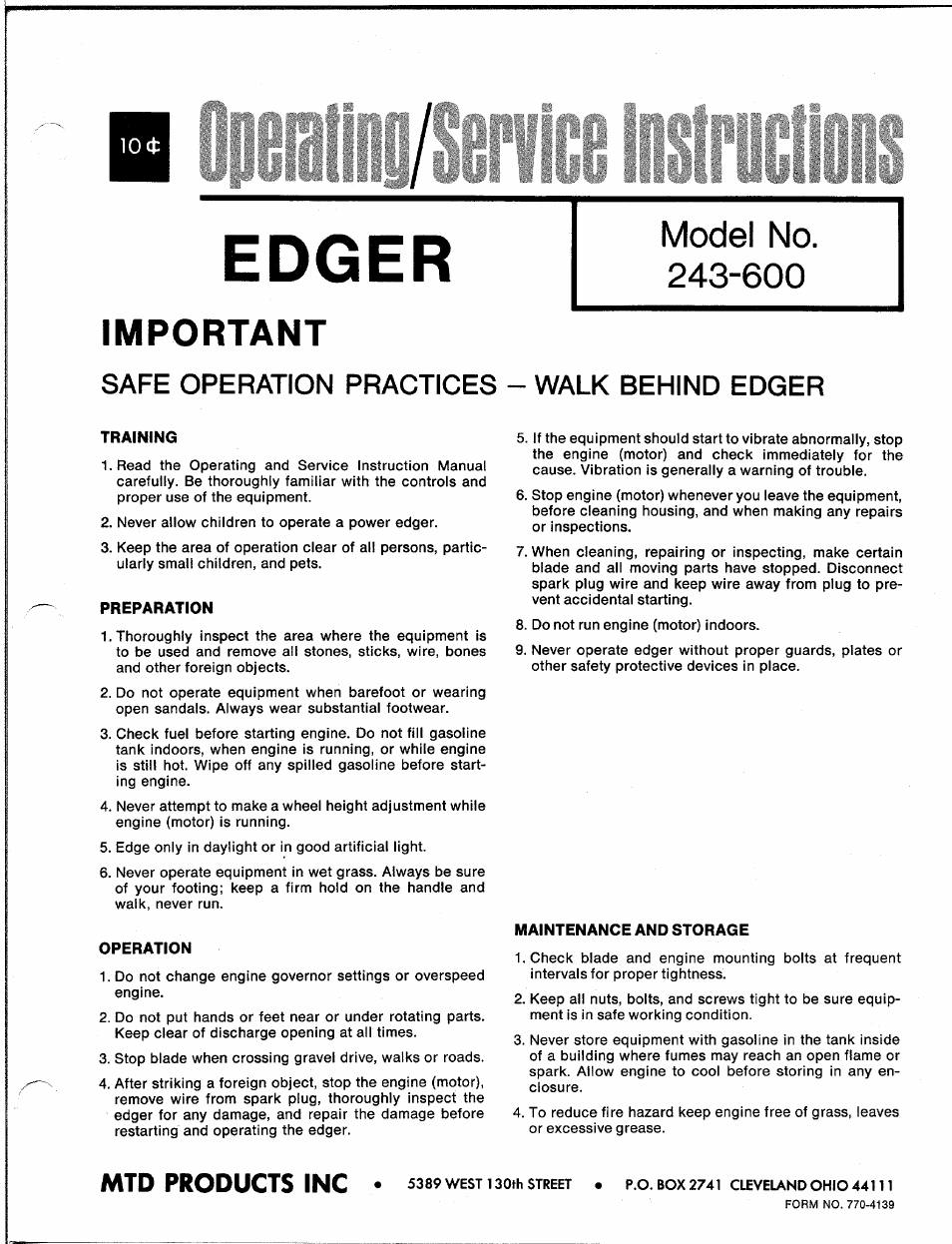 MTD 243-600 User Manual | 6 pages