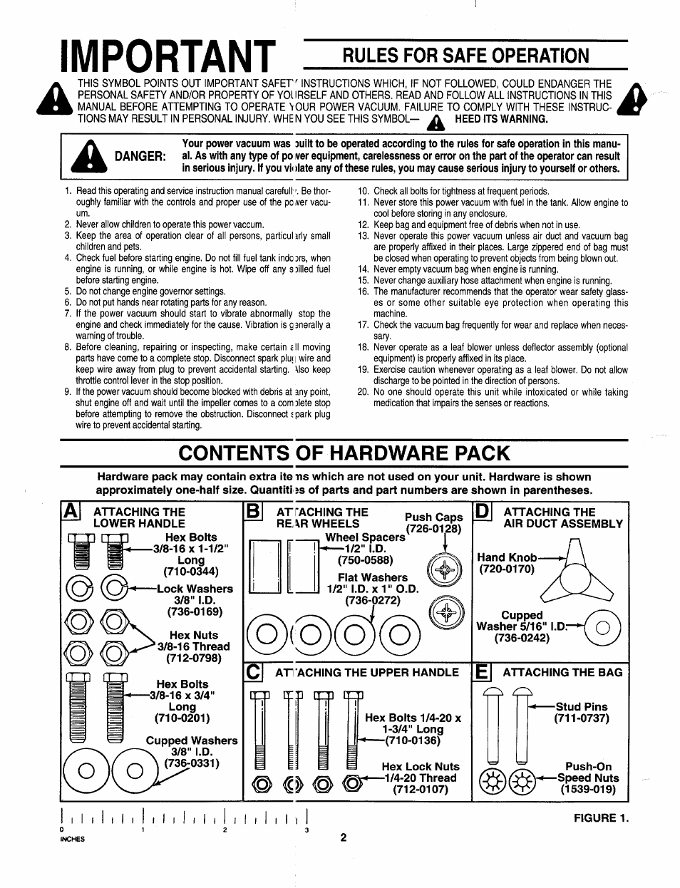 Rules for safe operation, Contents of hardware pack, Important | MTD 242-662-000 User Manual | Page 2 / 8