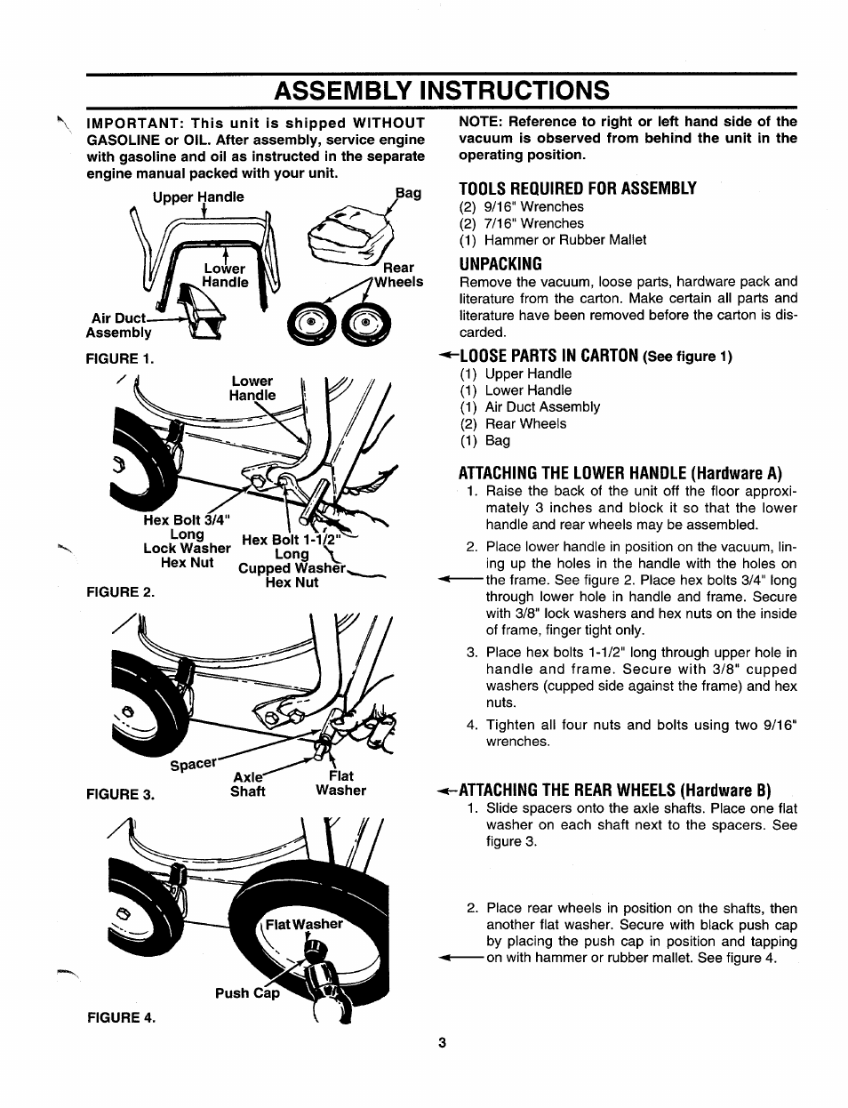 Assembly instructions, Air duct assembly, Tools requireo for assembly | Unpacking, Loose parts in carton (see figure 1), Attaching the lower hanole (hardware a), Attaching the rear wheels (hardware b) | MTD 242-662-000 User Manual | Page 3 / 8