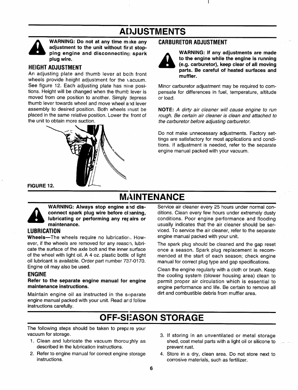 Adjustments, Height adjustment, Carburetor adjustment | Mimntenance, Lubrication, Engine, Off-sieason storage | MTD 242-662-000 User Manual | Page 6 / 8