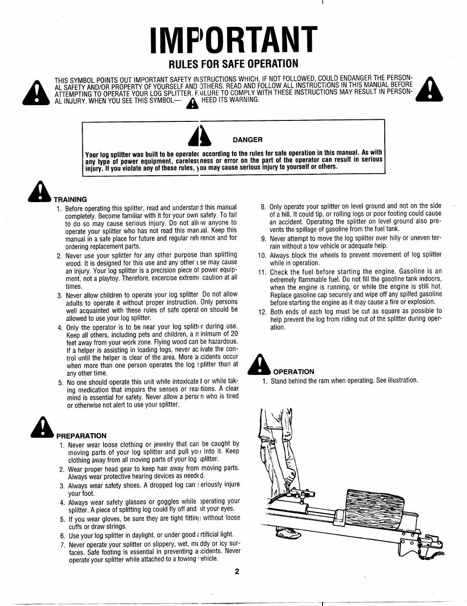 Important, Danger, Training | Preparation, Operation | MTD 242-610-000 User Manual | Page 2 / 12