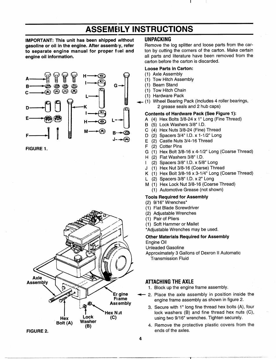 Assemetly instructions, Figuret, Axie assembiy | Unpacking, Loose parts in carton, Attaching the axle | MTD 242-610-000 User Manual | Page 4 / 12
