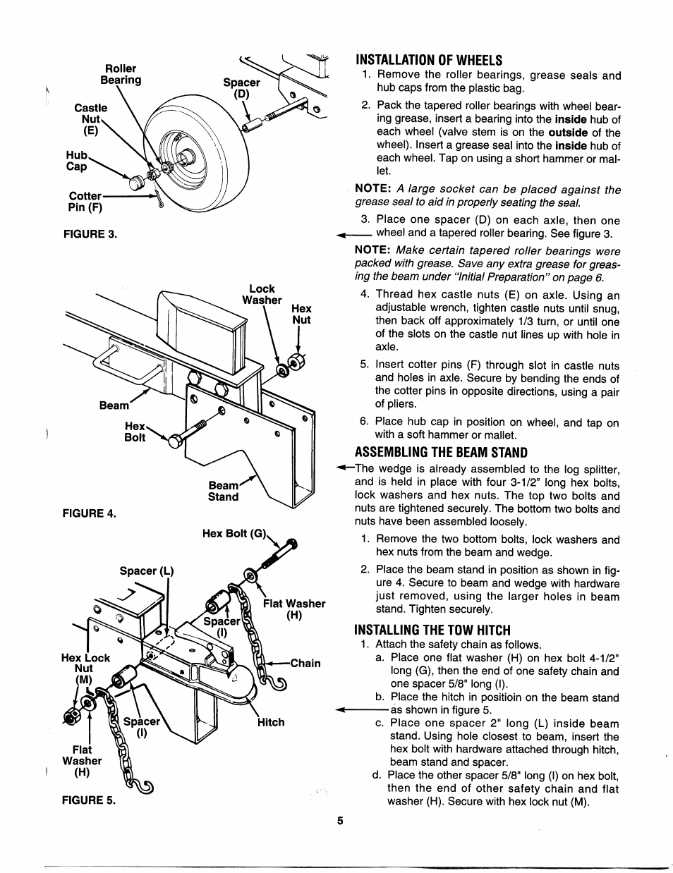 Installation of wheels, Assembling the beam stand, Installing the tow hitch | MTD 242-610-000 User Manual | Page 5 / 12