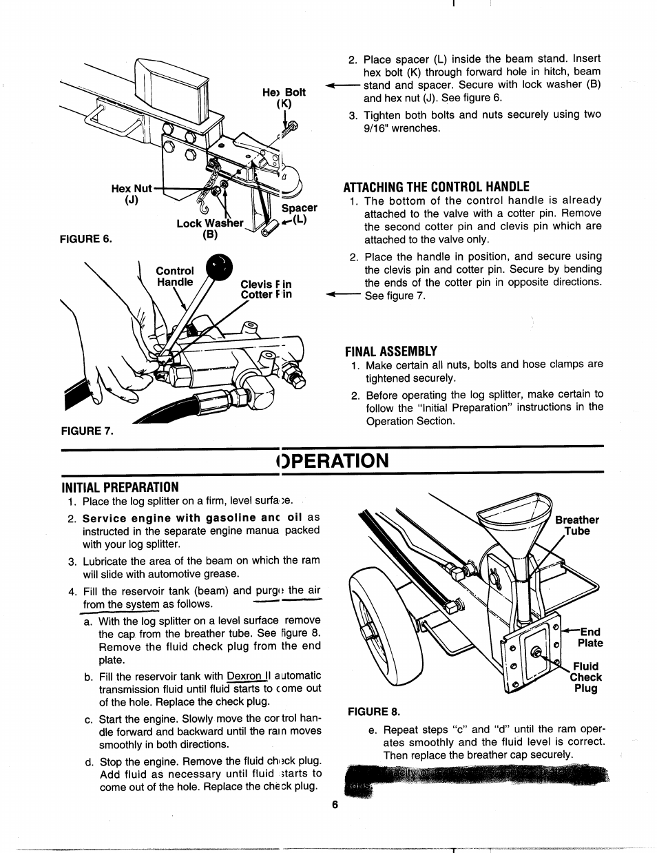 Attaching the control handle, Final assembly, Operation | Initial preparation, Service engine with gasoline anc oil as | MTD 242-610-000 User Manual | Page 6 / 12