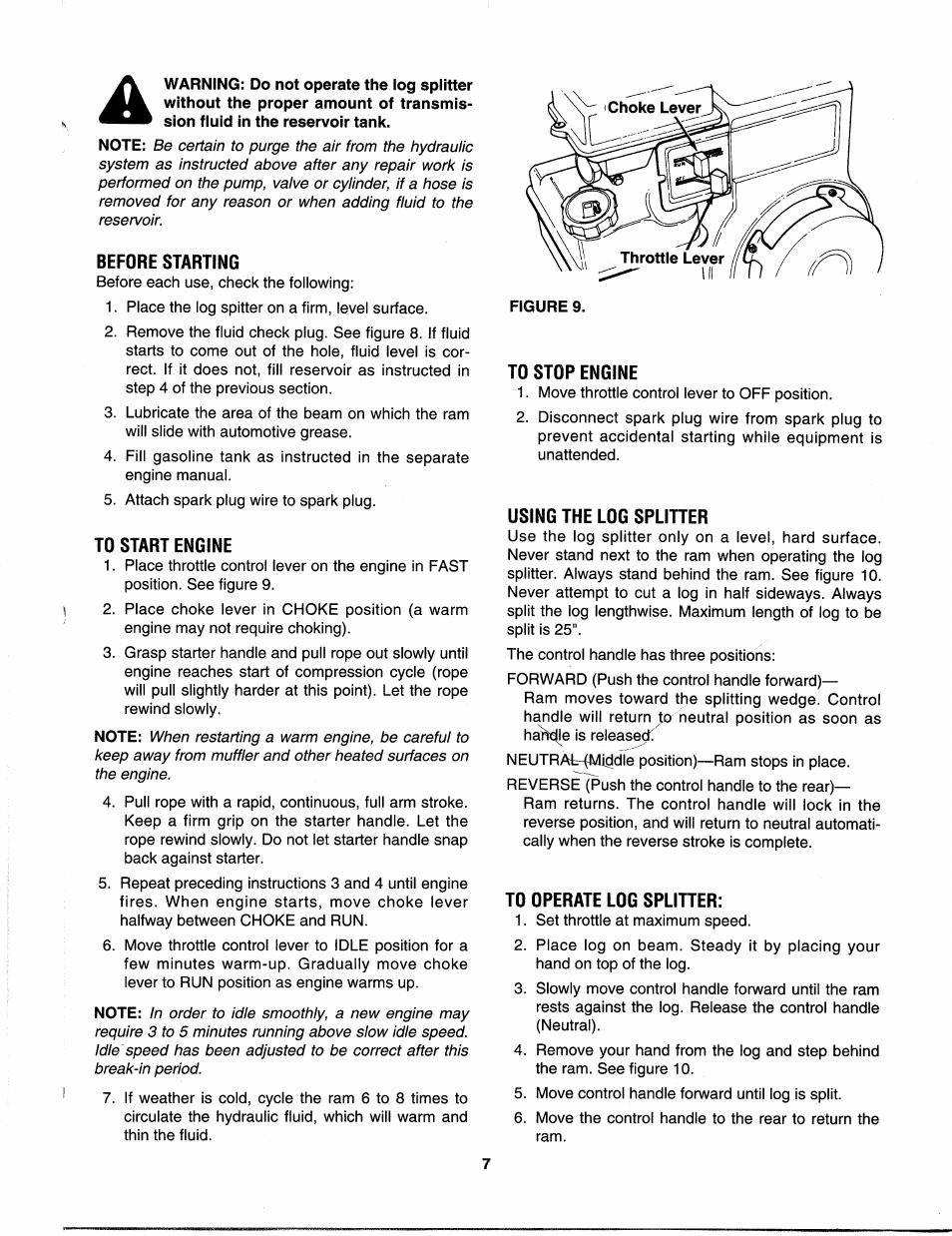 Before starting, To start engine, To stop engine | Using the log splitter, To operate log splitter | MTD 242-610-000 User Manual | Page 7 / 12