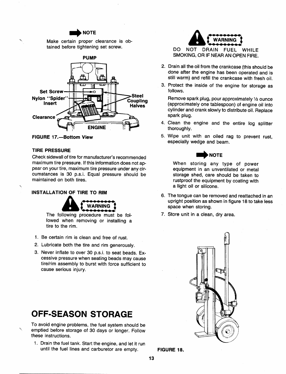 Note, Pump, Tire pressure | Installation of tire to rim, I warning i, Off-season storage, Ì warning t | MTD 249-623-003 User Manual | Page 13 / 19