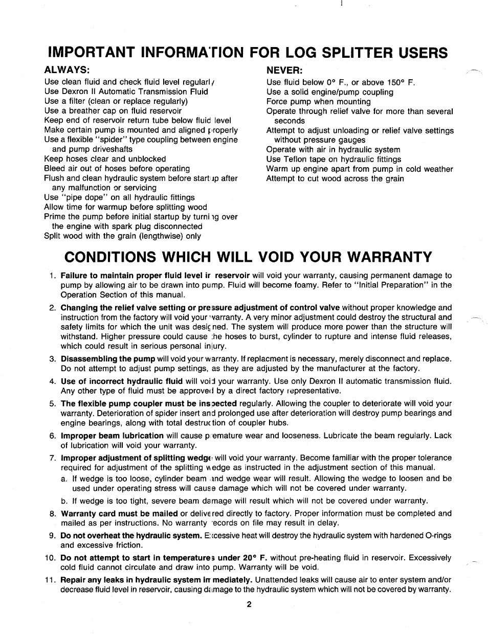 Important information for log splitter users, Conditions which will void your warranty | MTD 249-623-003 User Manual | Page 2 / 19