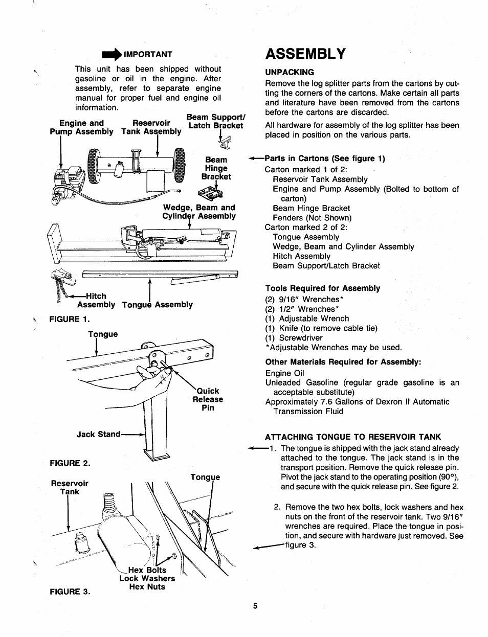Important, Assembly, S figure 1 | Unpacking, Parts in cartons (see figure 1), Tools required for assembly, Attaching tongue to reservoir tank | MTD 249-623-003 User Manual | Page 5 / 19