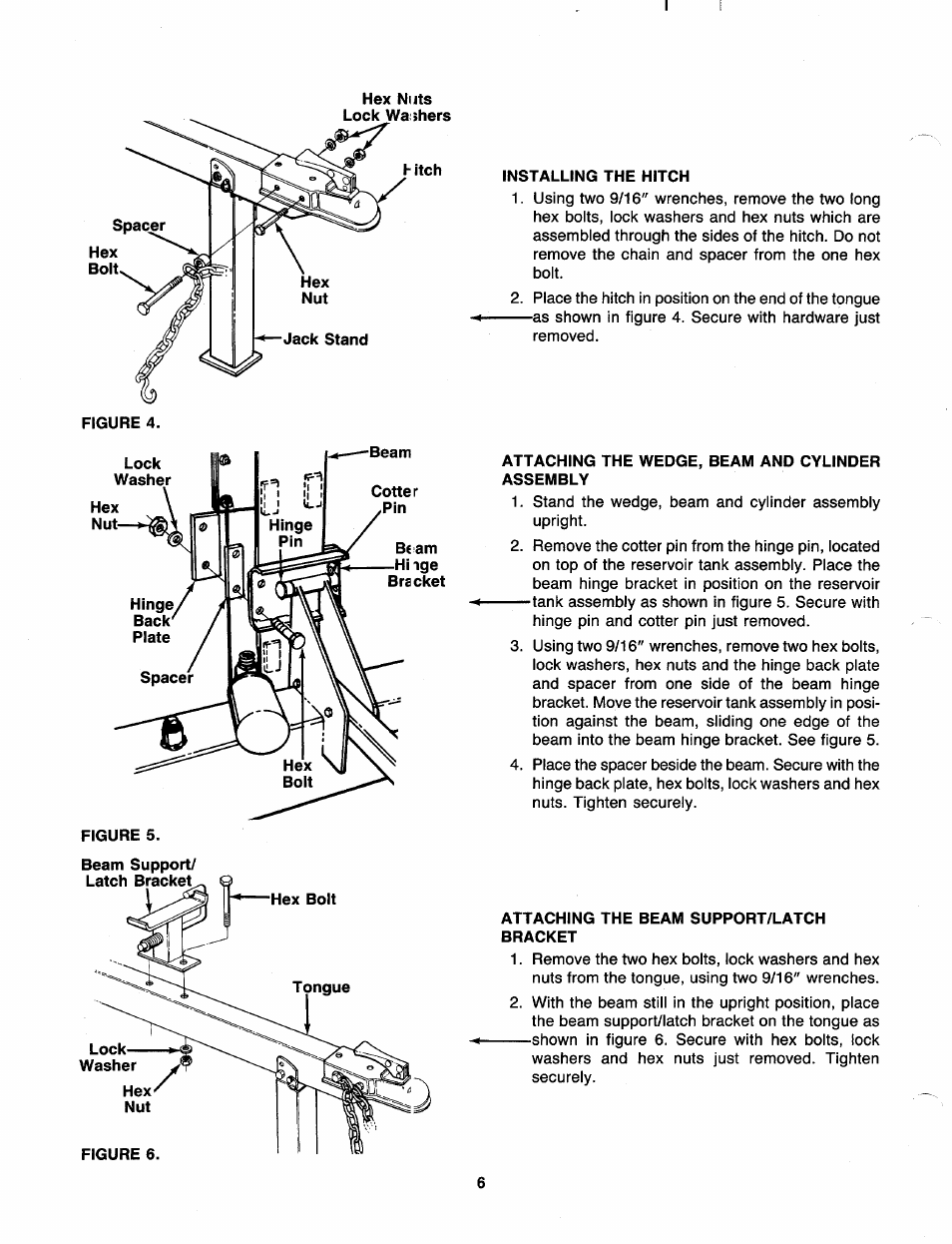 Installing the hitch, Attaching the wedge, beam and cylinder assembly, Attaching the beam support/latch bracket | MTD 249-623-003 User Manual | Page 6 / 19