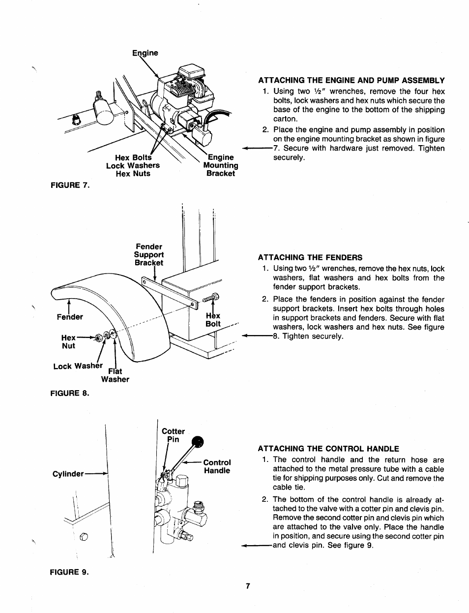 Attaching the engine and pump assembly, Attaching the fenders, Attaching the control handle | Figure 9 | MTD 249-623-003 User Manual | Page 7 / 19