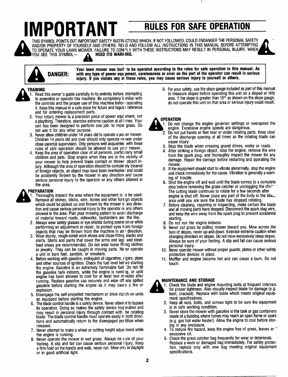 Training, Preparation, Operation | Maintenance and storage, Important, Rules for safe operation | MTD 11-096R000 User Manual | Page 2 / 16