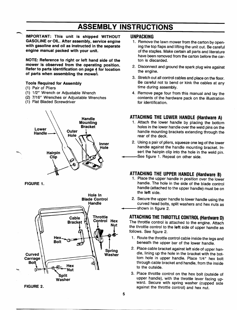 Assembly instructions, Unpacking, Attaching the lower handle (hardware a) | Attaching the upper handle (hardware b), Ahaching the thrdhle cdntrdl (hardware d) | MTD 11-096R000 User Manual | Page 5 / 16