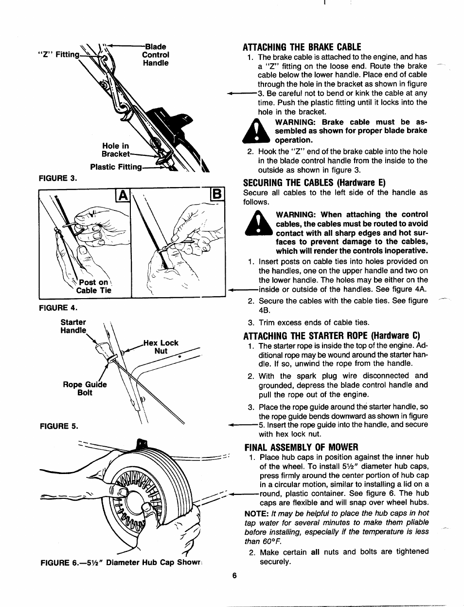 Attaching the brake cable, Securing the cables (hardware e), Attaching the starter rope (hardware c) | Final assembly of mower | MTD 11-096R000 User Manual | Page 6 / 16