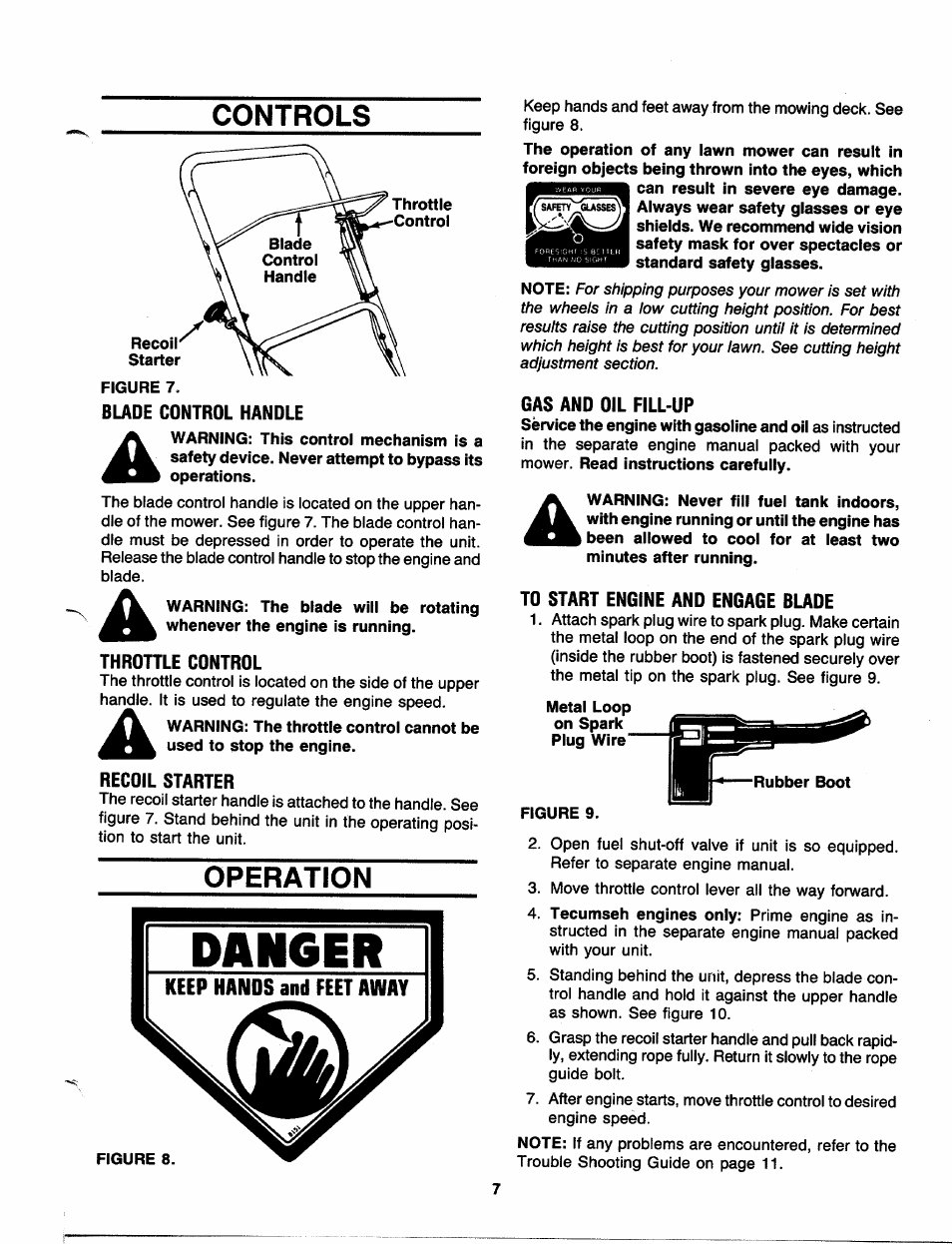 Controls, Blade control handle, Throttle control | Recoil starter, Operation, Gas and oil fill-up, To start engine and engage blade | MTD 11-096R000 User Manual | Page 7 / 16