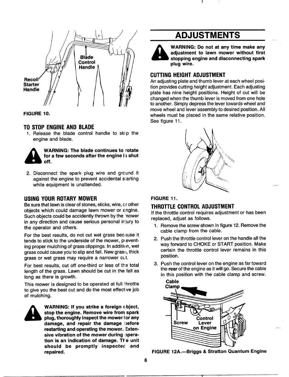 Adjustments, To stop engine and blade, Using your rotary mower | Cutting height adjustment, Throttle control adjustment | MTD 11-096R000 User Manual | Page 8 / 16